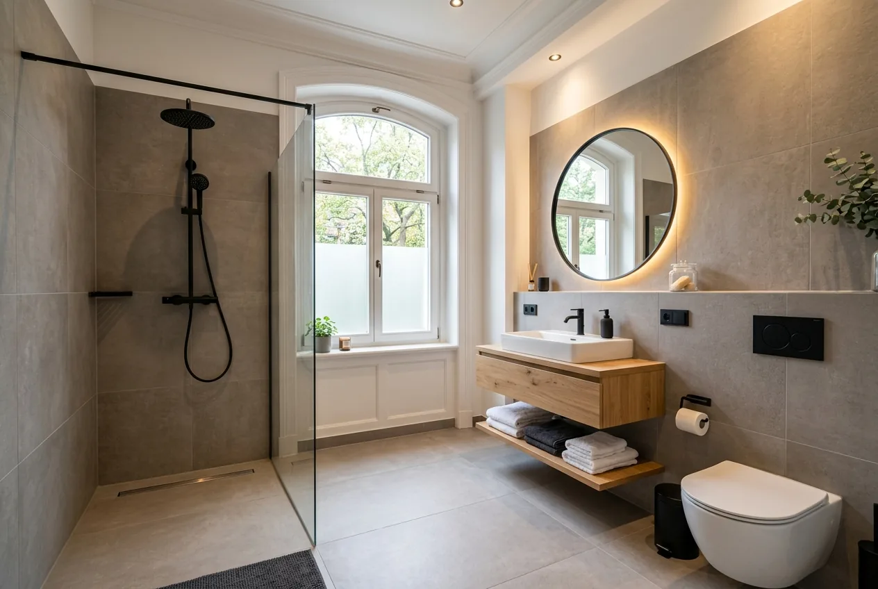 Neu gefliestes Bad mit bodengleicher Dusche