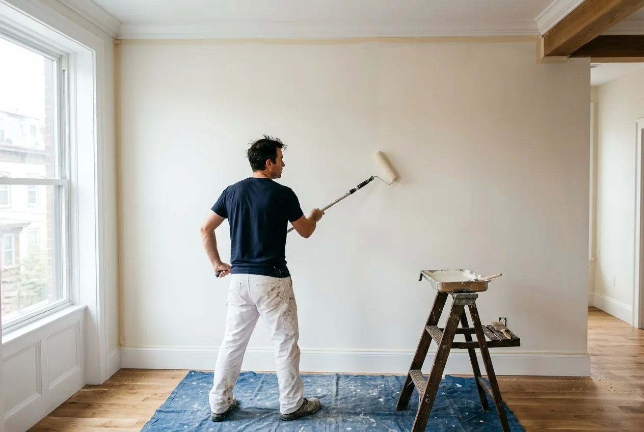 Maler streicht Wand in hellem Altbauzimmer