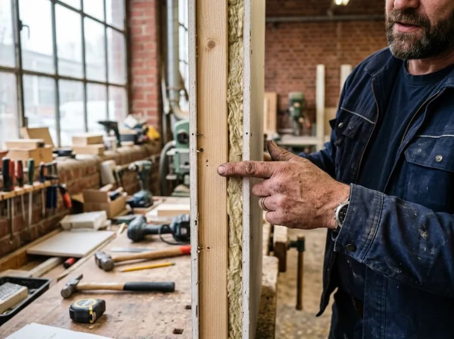 Handwerker erklärt an einer Trockenbauwand den Aufbau