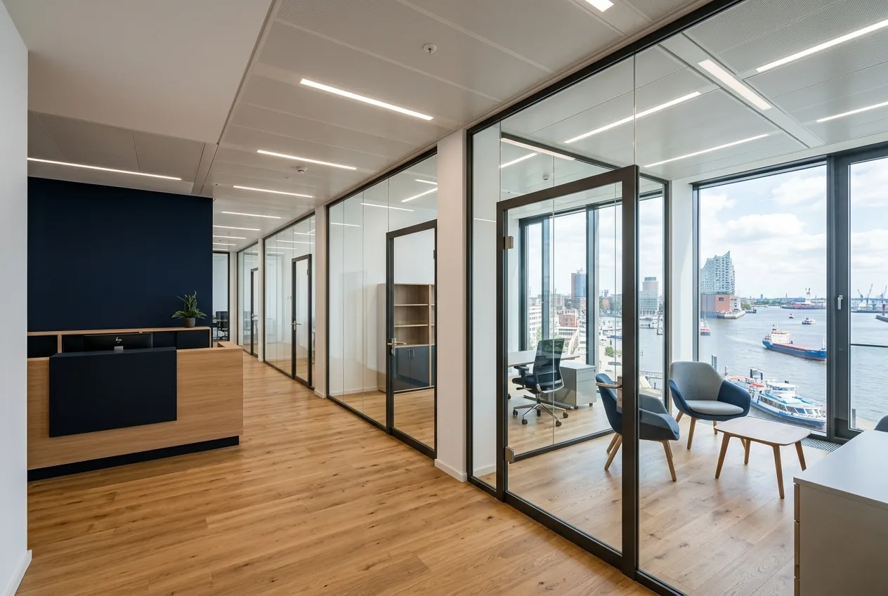 Ausgebaute Kanzleiräume in der HafenCity mit Glaswänden, dunkelblauer Akzentwand und Eichenboden