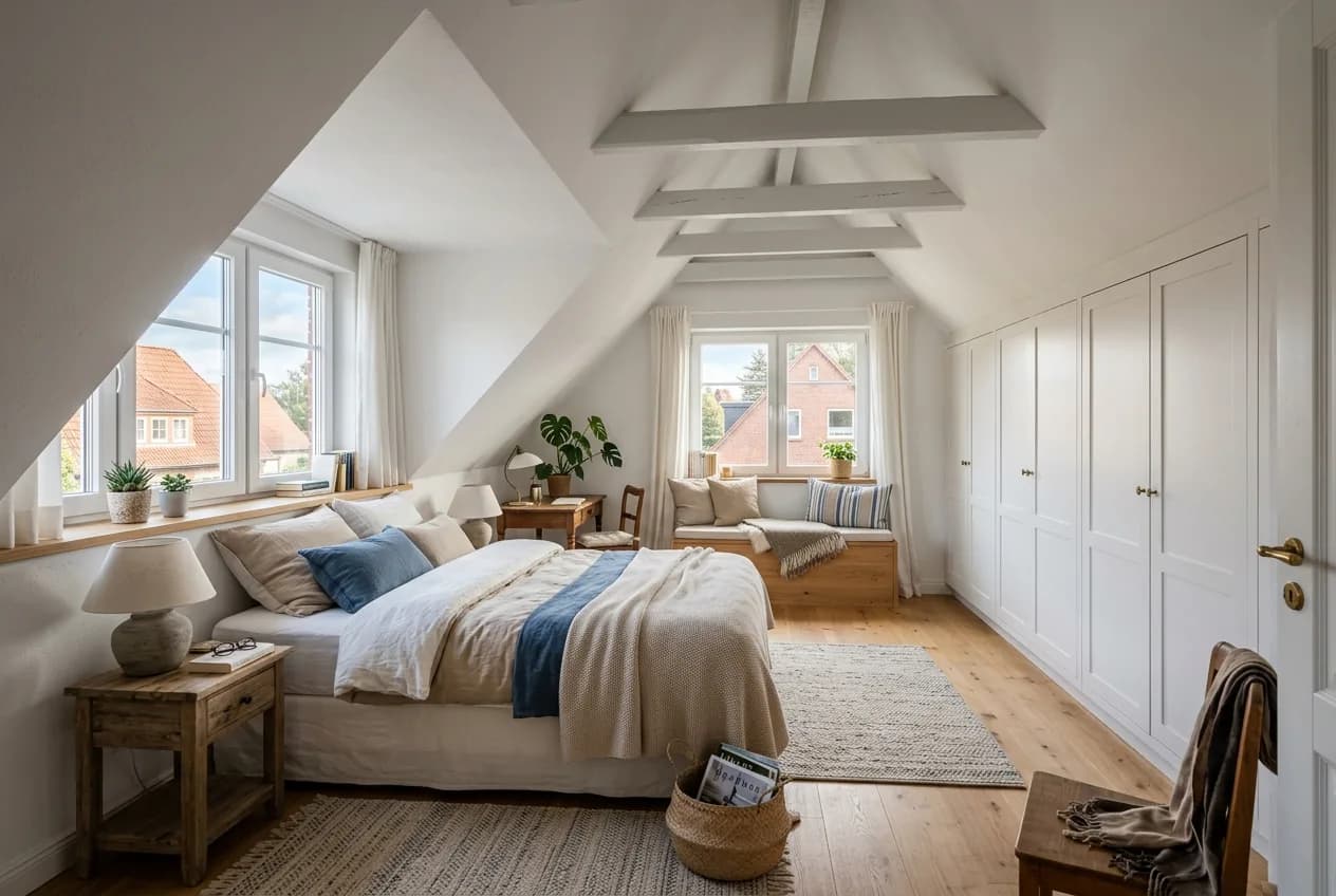 Ausgebautes Dachgeschoss in Rahlstedt mit weißen Schrägen, Gaube mit Sitzfenster und Eichenboden